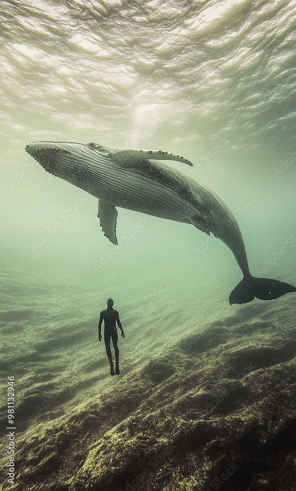 Obraz premium Diver and majestic whale in murky waters showcase ethereal human-marine bond in serene setting.