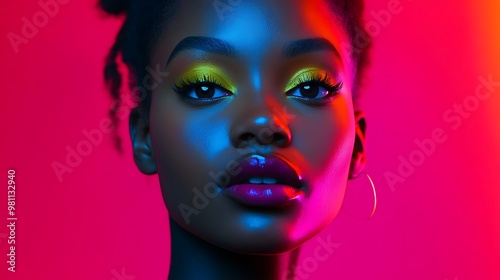 A vibrant portrait of a woman with striking makeup against a colorful background.