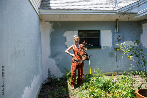 A smiling woman stands proudly next to a freshly dug spot in a garden, holding a shovel and a root clump, wearing orange overalls, Florida, USA photo