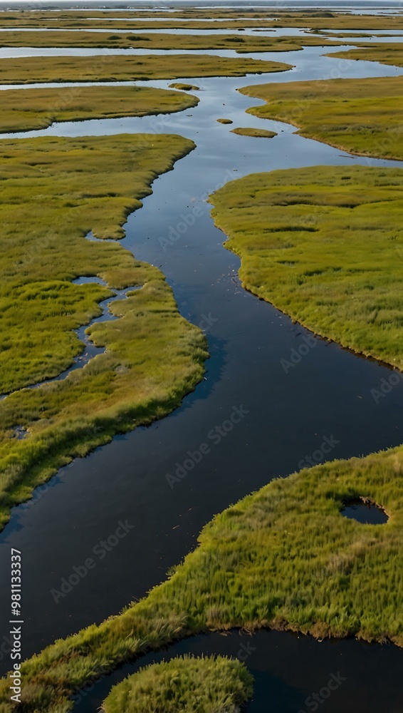 Aerial view of a verdant salt marsh with tidal streams. Aerial view of a verdant salt marsh with tidal streams.