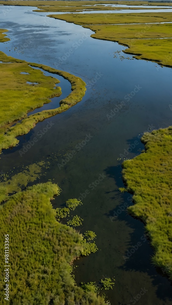 Aerial view of a verdant salt marsh with tidal streams. Aerial view of a verdant salt marsh with tidal streams.