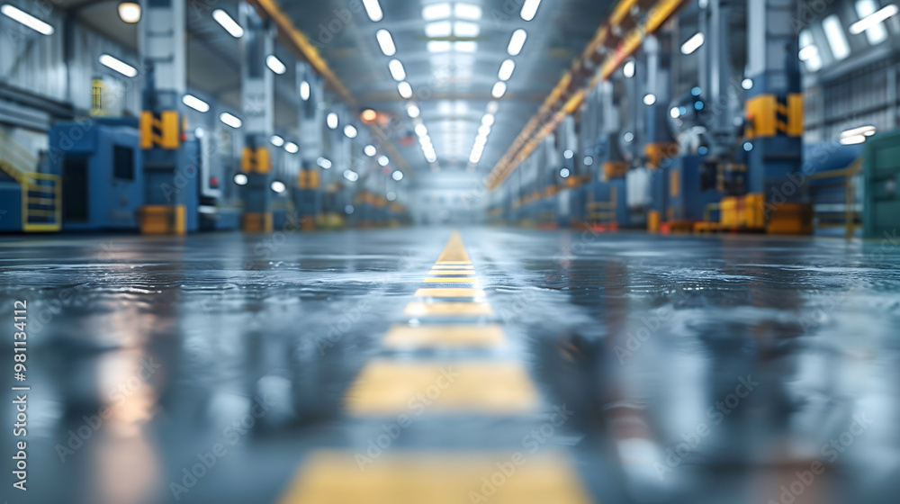Fototapeta premium industrial factory interior with blurred background, polished floor reflecting overhead lights. atmosphere conveys sense of productivity and modernity machinery equipment warehouse technology