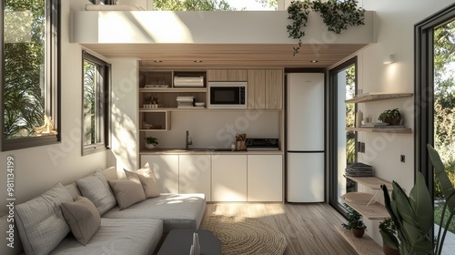 A minimalist tiny home interior with multifunctional furniture, clean lines, and a neutral color palette, maximizing space and simplicity. photo