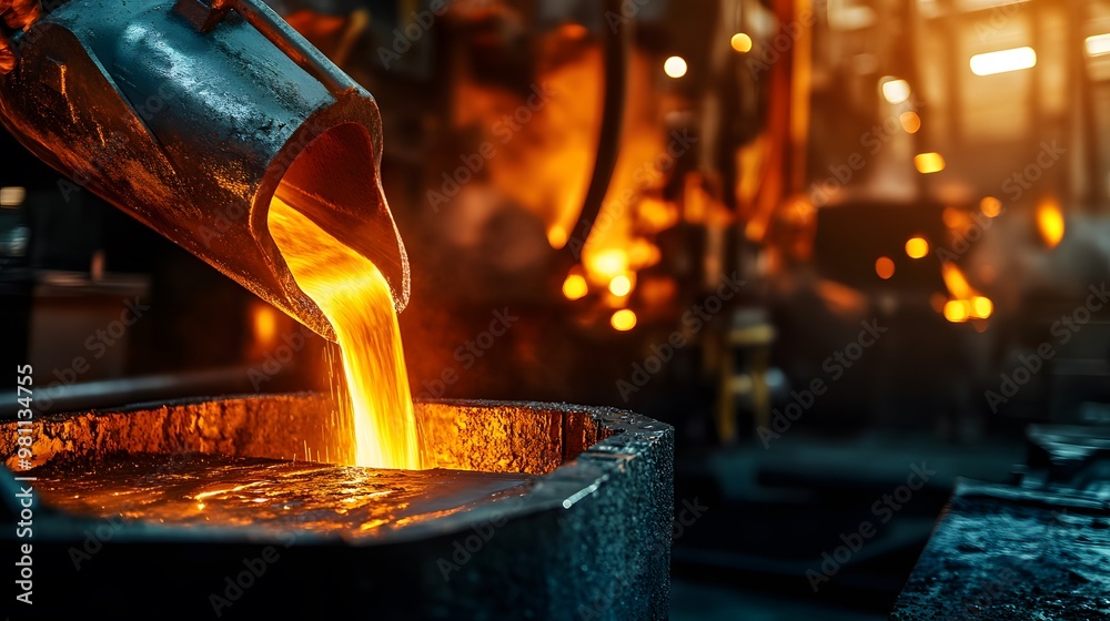 foundry,pouring molten metal into mold, capturing intense heat and precision of metalworking process with glowing liquid metal contrasting against dark industrial background foundry,pouring molten metal into mold, capturing intense heat and precision of metalworking process with glowing liquid metal contrasting against dark industrial background