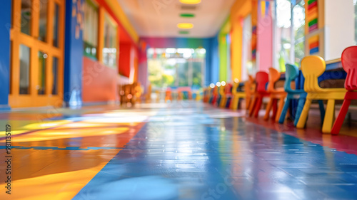 Wallpaper Mural Brightly colored kindergarten hallway with vibrant chairs and playful decor, creating cheerful and inviting atmosphere for children Torontodigital.ca