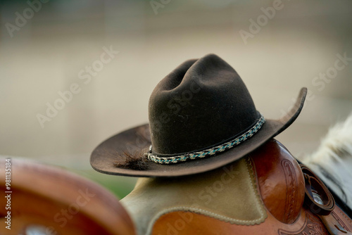 A close-up photo of a brown cowboy hat with a braided hatband resting on a leather saddle.