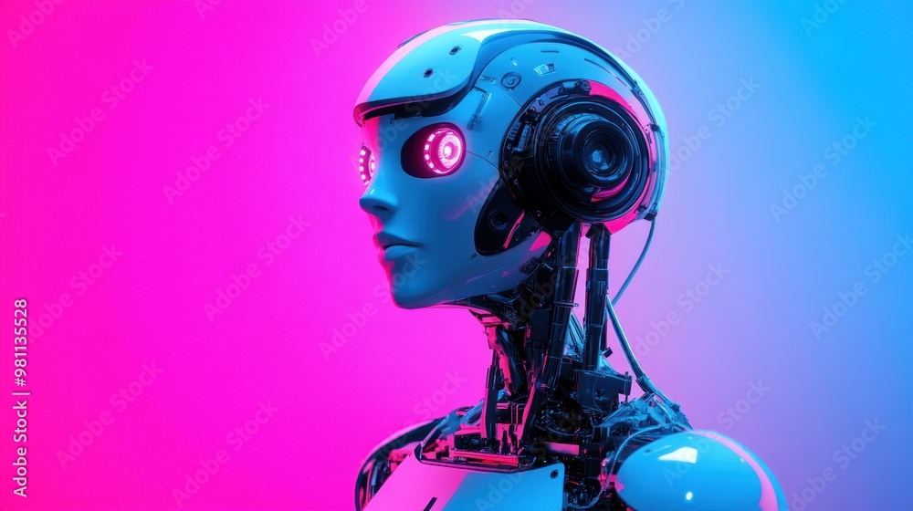 Modern robot on bright neon backdrop Modern robot on bright neon backdrop