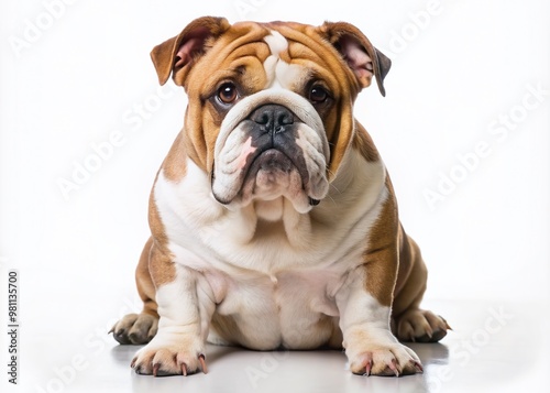 Adorable English bulldog with Wrinkled face and sweet expression sitting alone on a clean white background with a subtle shadow, showcasing its unique features.