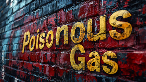 Bold lettering of poisonous gas on textured brick wall