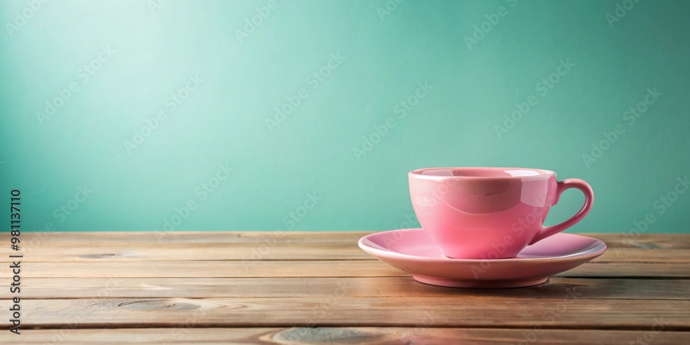 Pink empty coffee cup floating on wooden table, minimalist and serene composition Pink empty coffee cup floating on wooden table, minimalist and serene composition
