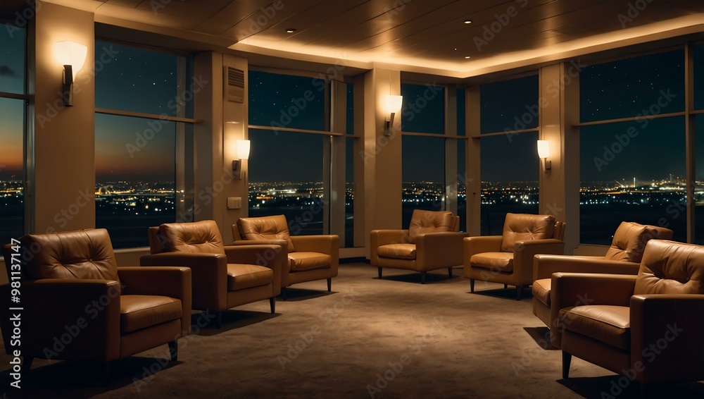 Airport lounge with recliners, dim lights, and runway views Airport lounge with recliners, dim lights, and runway views