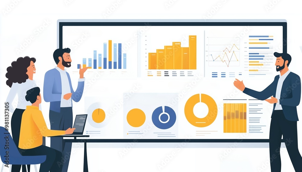 A diverse group of professionals collaborating during a business presentation with graphs and charts displayed on a large screen. A diverse group of professionals collaborating during a business presentation with graphs and charts displayed on a large screen.