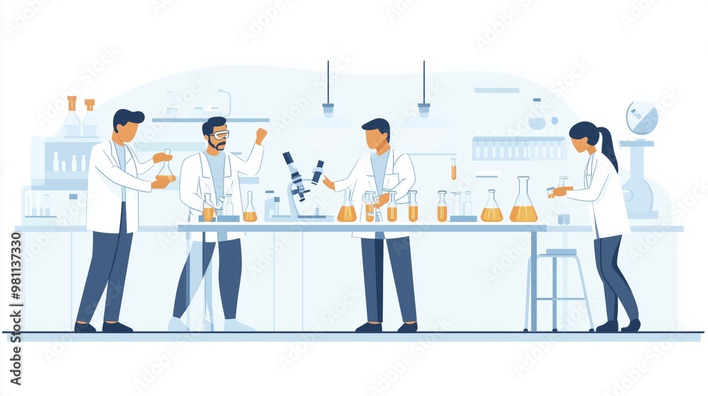 Doctors and Researchers Team Works at Research Center or Laboratory. Female and Male Medical Experts and Scientist Study, Discuss, Analyze. Nanomedicine and Nanotechnology Flat Vector Illustration Doctors and Researchers Team Works at Research Center or Laboratory. Female and Male Medical Experts and Scientist Study, Discuss, Analyze. Nanomedicine and Nanotechnology Flat Vector Illustration