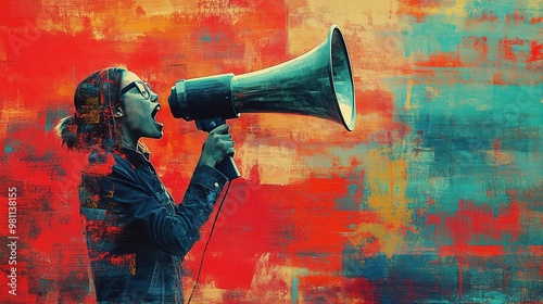 A passionate person shouting into a megaphone against a vibrant, abstract background, symbolizing activism and expression.