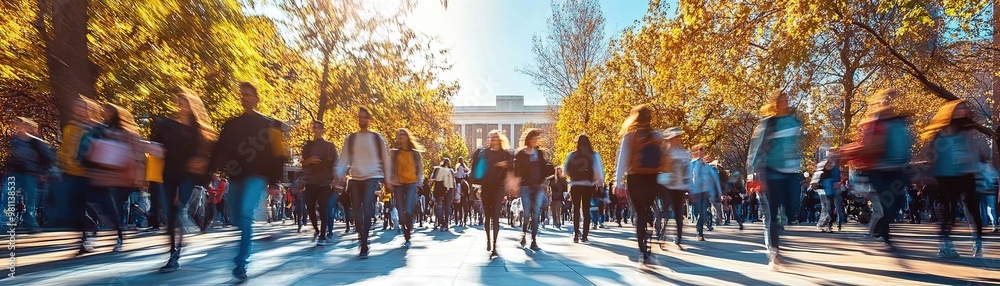 Obraz premium A vibrant scene of people walking through a sunlit campus in autumn, surrounded by colorful foliage and lively energy.
