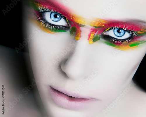 Close-up portrait of a person with vibrant, multicolored makeup around their eyes, highlighting striking blue irises.