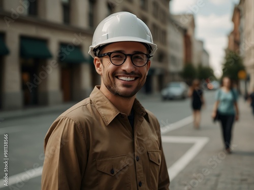 Architect smiling in a city while planning projects.