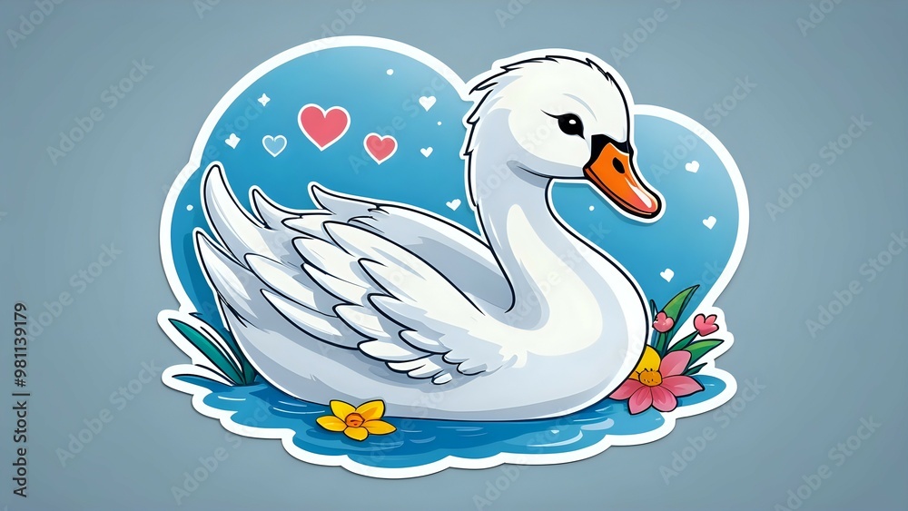 Fototapeta premium Cute cartoon swan sticker with hearts and flowers.