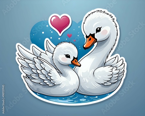 Two cute cartoon swans in love with hearts and stars in a blue circle, perfect for Valentine's Day. photo