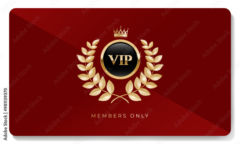 Premium VIP card in red color with golden crown, laurel wreath and other elements. Luxury design. Vector illustration Premium VIP card in red color with golden crown, laurel wreath and other elements. Luxury design. Vector illustration
