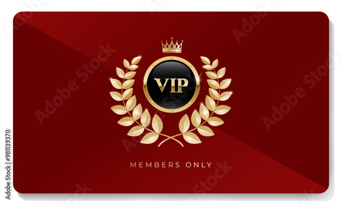 Premium VIP card in red color with golden crown, laurel wreath and other elements. Luxury design. Vector illustration