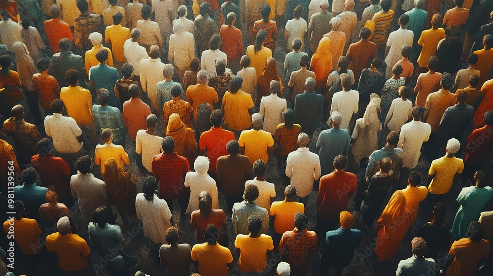 Fototapeta premium A diverse crowd of individuals seen from above, showcasing a vibrant array of colors and attire, symbolizing unity in diversity.