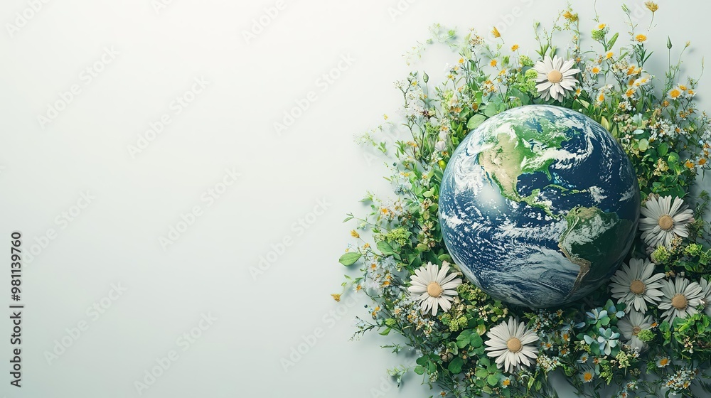 A vibrant representation of Earth surrounded by lush flowers, symbolizing nature's beauty and harmony in the environment. A vibrant representation of Earth surrounded by lush flowers, symbolizing nature's beauty and harmony in the environment.