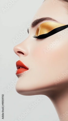 Woman with sleek black eyeliner and subtle gold accents, elegant Halloween makeup