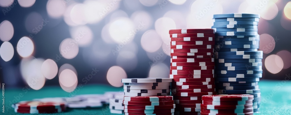 Fototapeta premium Poker hand with odds percentage displayed on a nearby screen, intense focus and highstakes atmosphere