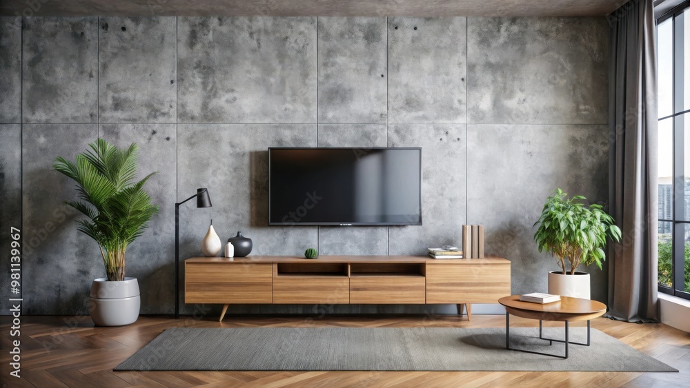 Modern living room interior with a television on a stylish cabinet against a concrete wall Modern living room interior with a television on a stylish cabinet against a concrete wall