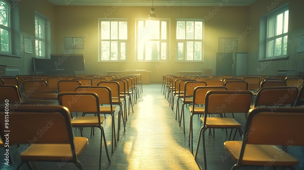 A serene, sunlit classroom with empty chairs arranged, evoking a sense of anticipation and learning. A serene, sunlit classroom with empty chairs arranged, evoking a sense of anticipation and learning.