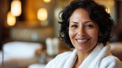 Georgeous cheerful middle aged hispanic woman wearing bathrobe at spa salon or hotel relax zone photo