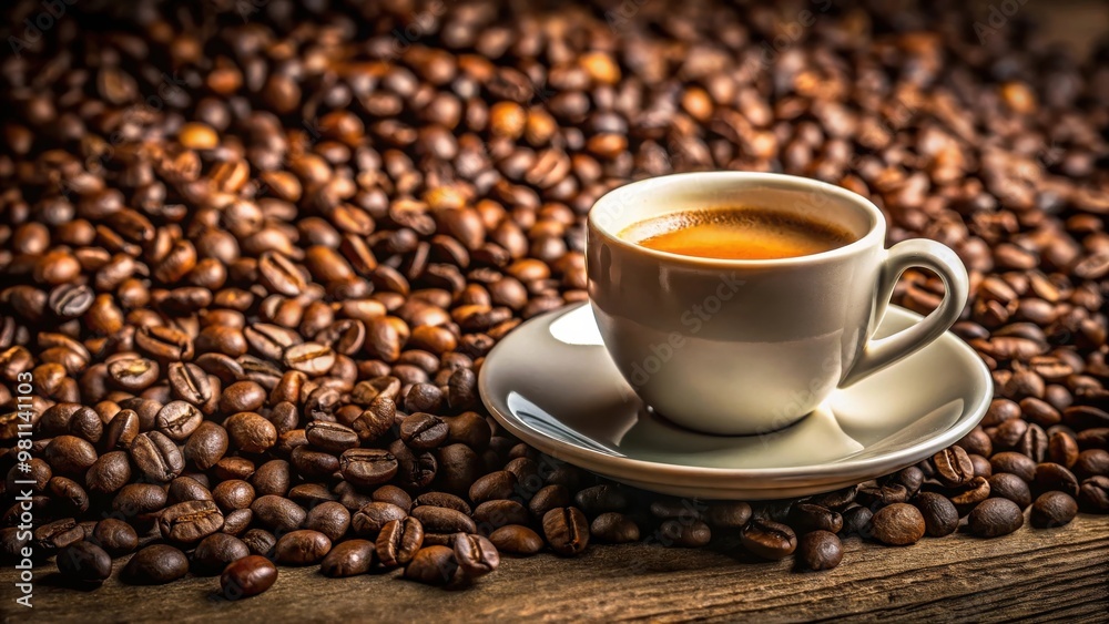 Freshly brewed espresso cup with coffee beans on dark background Freshly brewed espresso cup with coffee beans on dark background