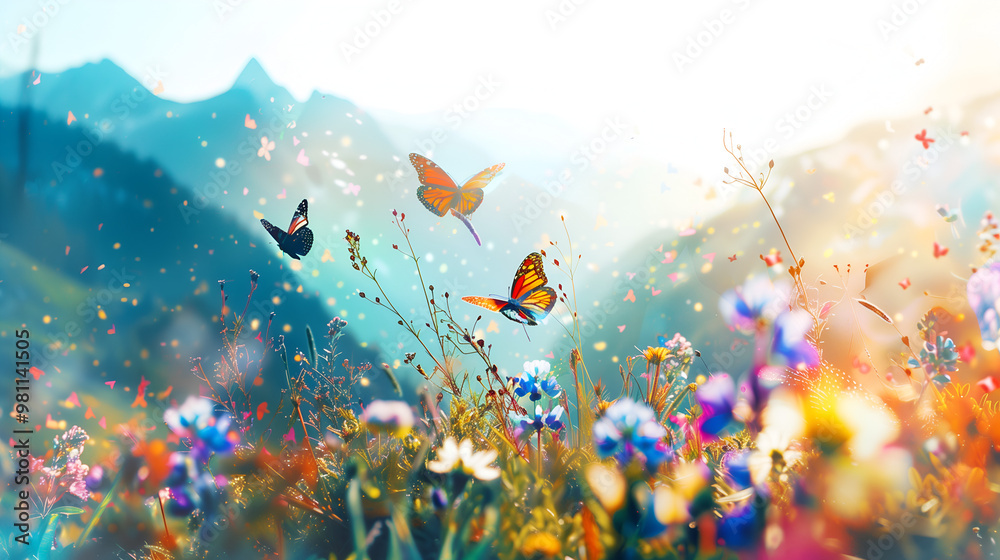 Butterflies in Bloom: A breathtaking image of vibrant butterflies dancing amongst a colorful meadow, with a majestic mountain backdrop, evoking a sense of freedom, beauty, and the wonder of nature. Butterflies in Bloom: A breathtaking image of vibrant butterflies dancing amongst a colorful meadow, with a majestic mountain backdrop, evoking a sense of freedom, beauty, and the wonder of nature.