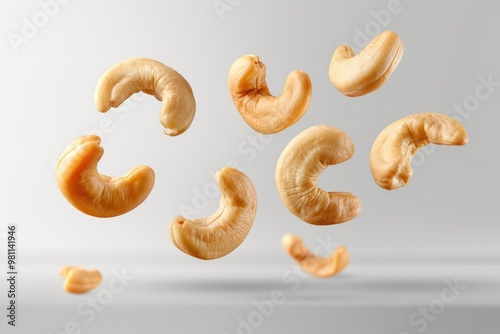 A cluster of cashew nuts suspended in the air, free-falling from above