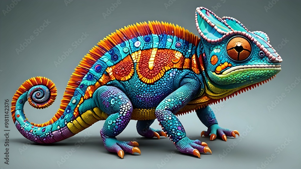 Fototapeta premium A colorful chameleon with vibrant scales, large eyes, and a prehensile tail.