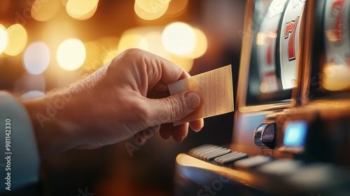 Closeup of a hand collecting a payout ticket from a slot machine, revenue in focus photo