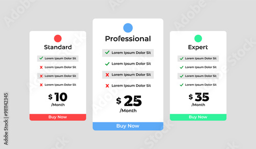 3 column comparison price chart template design for web business