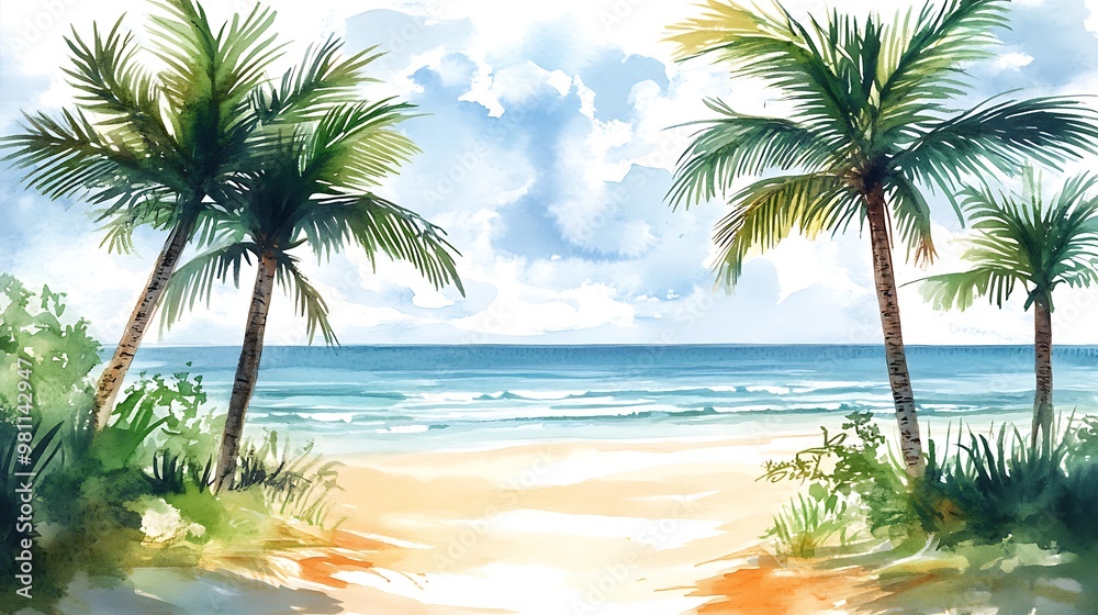 A serene beach scene with palm trees and gentle waves under a cloudy sky. A serene beach scene with palm trees and gentle waves under a cloudy sky.