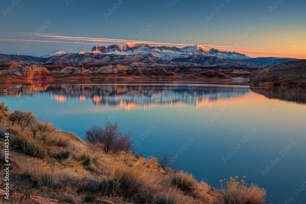 A serene mountain lake surrounded by lush greenery and towering mountains A serene mountain lake surrounded by lush greenery and towering mountains