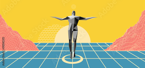 Art composition. 3D human body model. Leadership concept. Journey through time. Astral travel out of body. Reincarnation spiritual concept. Design for cover, card, brochure or presentation.