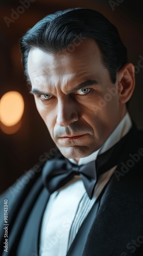 Man in a theatrical Dracula costume, highcollared cape and a piercing stare, classic Halloween drama photo