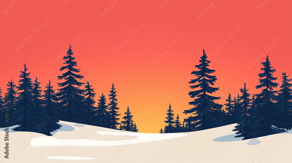 Snowy winter landscape at sunset with dark pine trees and gradient sky Snowy winter landscape at sunset with dark pine trees and gradient sky