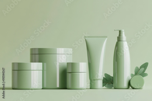 A collection of natural cosmetic containers is elegantly displayed against a muted green backdrop. The set includes jars and tubes, highlighting a modern design aesthetic perfect for beauty branding