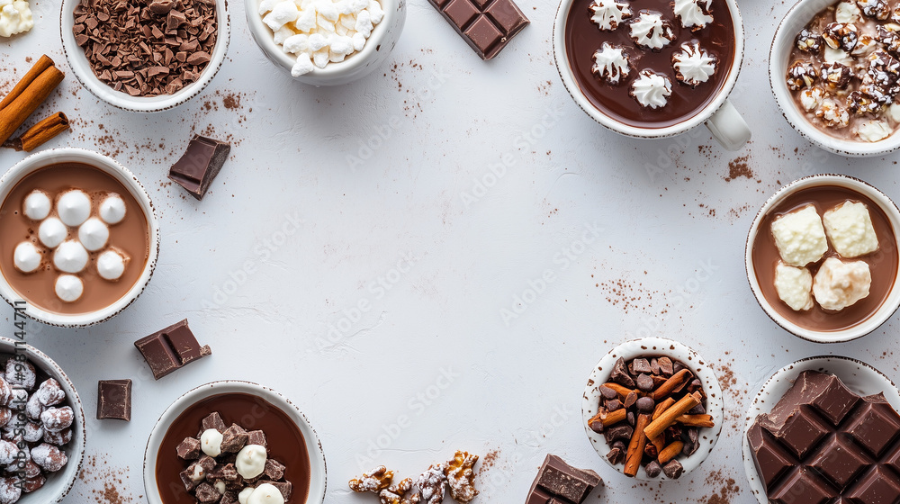 Delicious hot chocolate ingredients and toppings arranged on a white background, cozy atmosphere, copy space Delicious hot chocolate ingredients and toppings arranged on a white background, cozy atmosphere, copy space