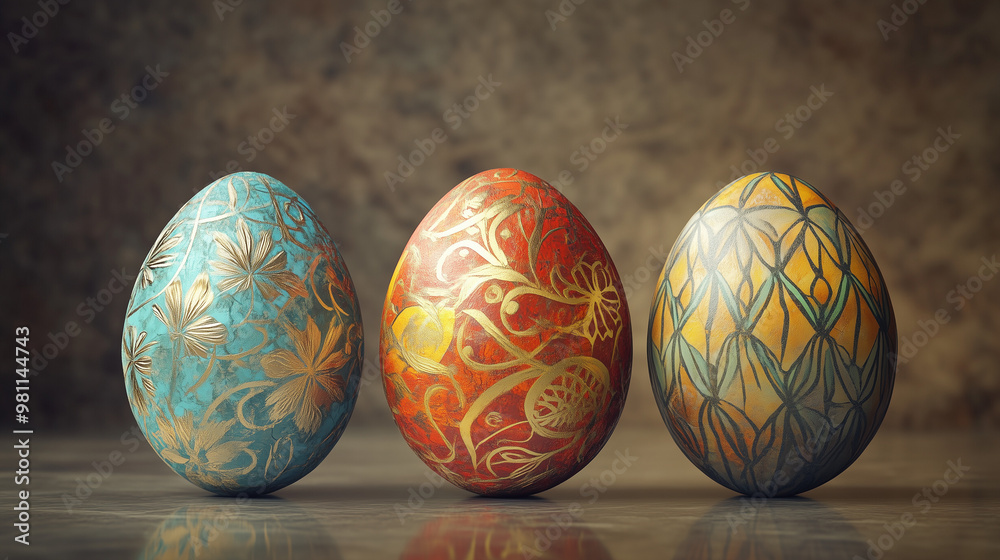 Artfully decorated paonted Easter eggs on a textured background, festive mood, intricate designs