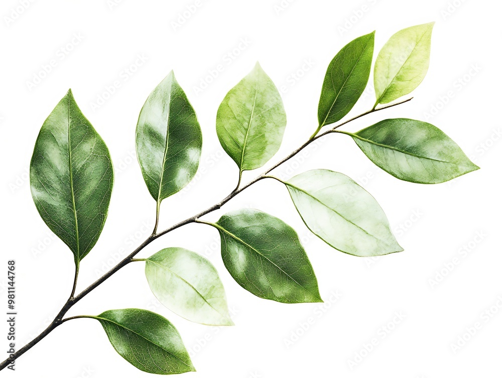 Fototapeta premium A single branch with green leaves on a white background.