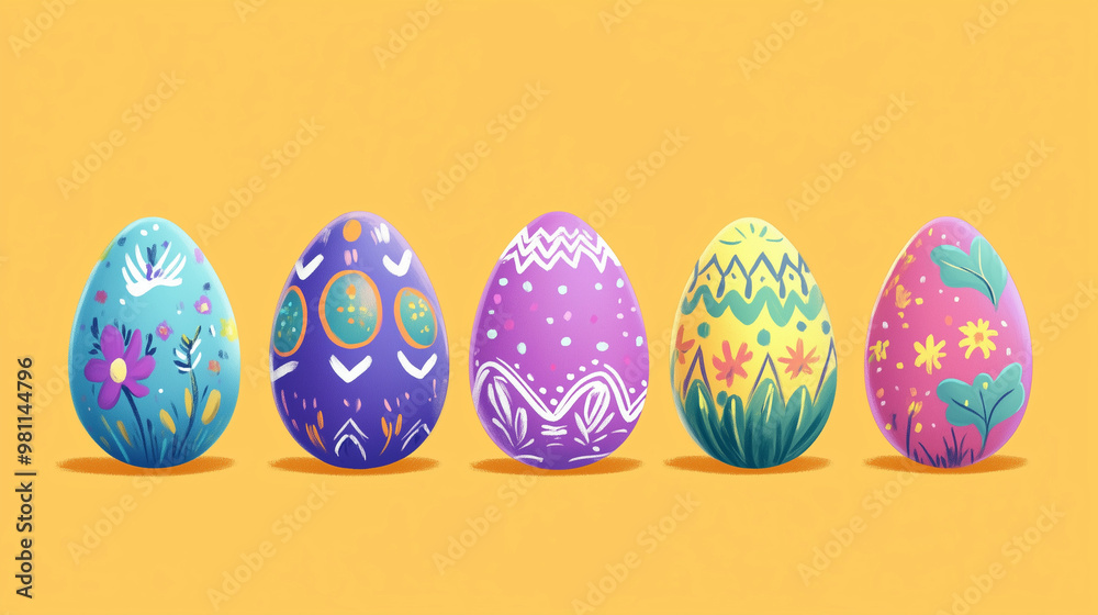 Brightly colored and patterned Easter eggs on a light background, playful atmosphere, cartoon illustration Brightly colored and patterned Easter eggs on a light background, playful atmosphere, cartoon illustration