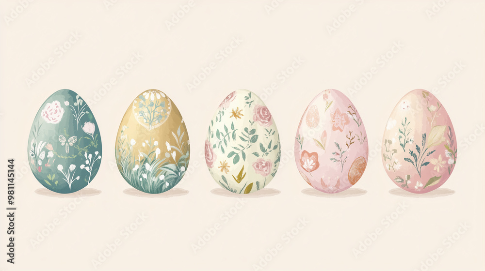 Softly colored Easter eggs with delicate patterns on a pastel background, elegant vintage illustration Softly colored Easter eggs with delicate patterns on a pastel background, elegant vintage illustration