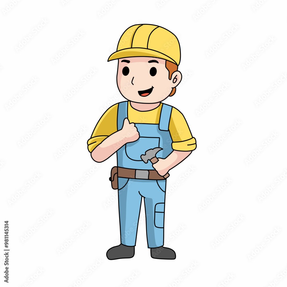 cartoon illustration of a builder character holding a hammer cartoon illustration of a builder character holding a hammer